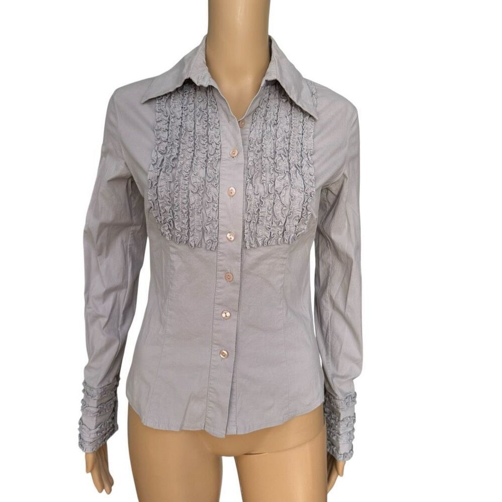 Fervente gray cotton stretch blouse ruffle detail front and cuffs size 40EU/S